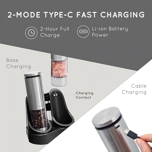 Flendy Electric Salt and Pepper Grinder Set Rechargeable, Automatic Salt and Pepper Grinder Set with Oversized Top Button, Stainless Steel Electric Salt and Pepper Shakers Set - Image 5