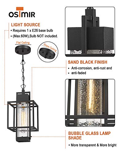 Osimir Outdoor Pendant Light, 16" 1-Light Large Hanging Porch Light Fixtures, Modern Black Outside Chandelier Lantern Lighting with Bubble Glass for Porch Gazebo Entryway, 2375/1HL - Image 2