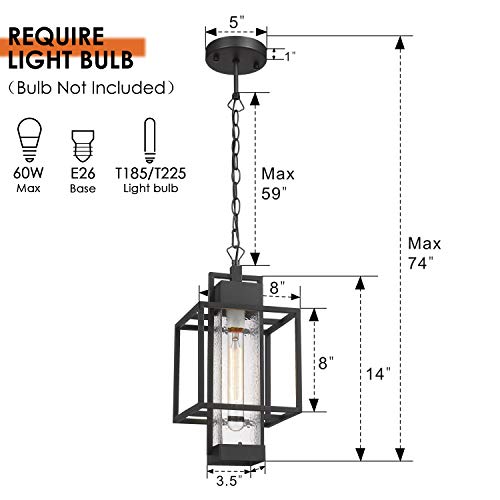 Osimir Outdoor Pendant Light, 16" 1-Light Large Hanging Porch Light Fixtures, Modern Black Outside Chandelier Lantern Lighting with Bubble Glass for Porch Gazebo Entryway, 2375/1HL - Image 4