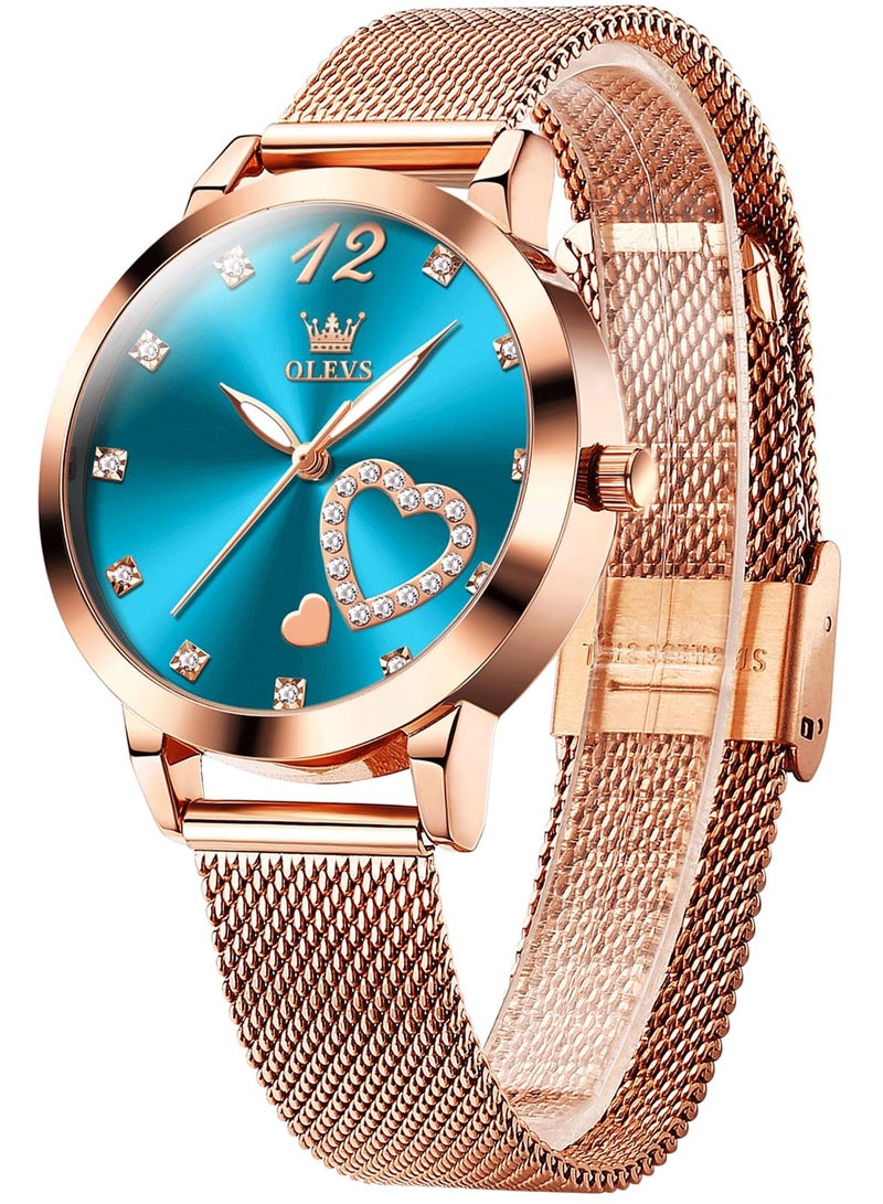 OLEVS Womens Watch Small Wrist Rose Gold Tone Cute Diamond Heart Arabic Numerals Dial Ladies Watch Fashion Waterproof Mesh Bracelet Analog Dress Watch for Women - Image 1