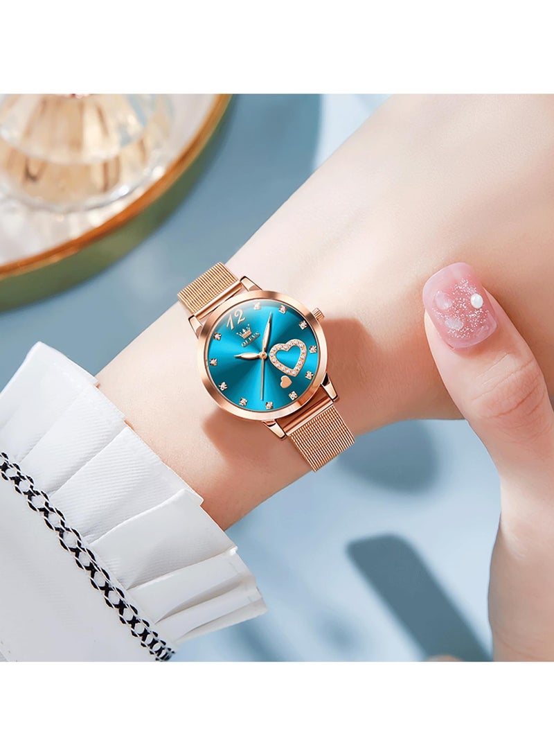 OLEVS Womens Watch Small Wrist Rose Gold Tone Cute Diamond Heart Arabic Numerals Dial Ladies Watch Fashion Waterproof Mesh Bracelet Analog Dress Watch for Women - Image 2