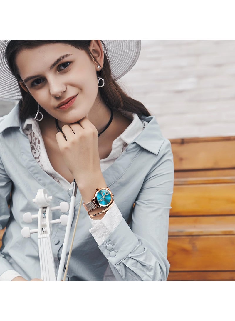 OLEVS Womens Watch Small Wrist Rose Gold Tone Cute Diamond Heart Arabic Numerals Dial Ladies Watch Fashion Waterproof Mesh Bracelet Analog Dress Watch for Women - Image 3