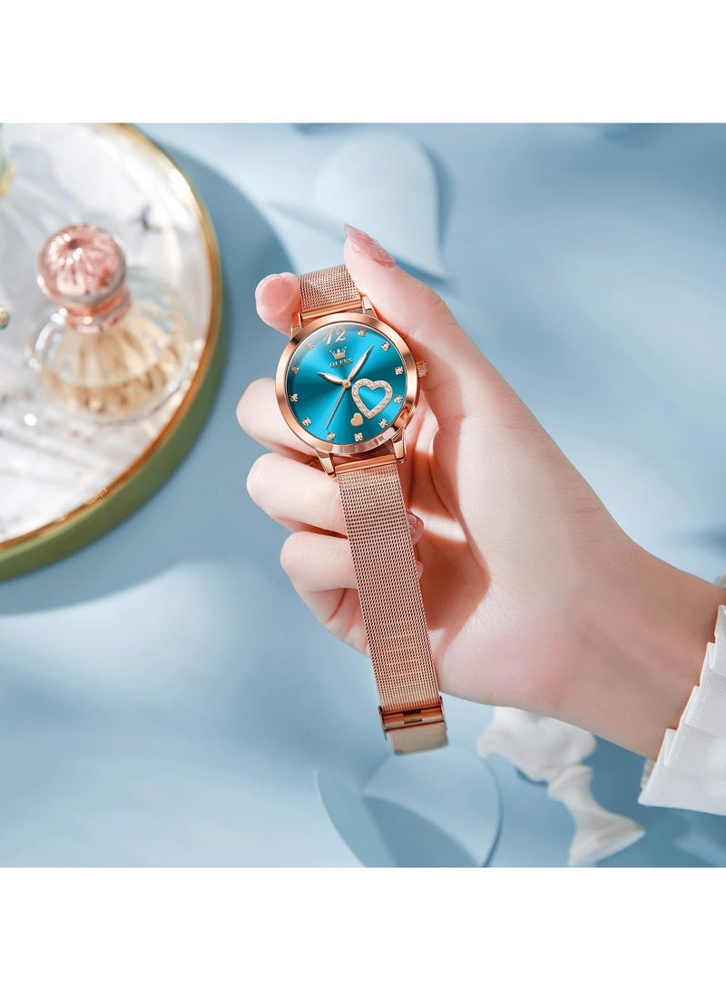OLEVS Womens Watch Small Wrist Rose Gold Tone Cute Diamond Heart Arabic Numerals Dial Ladies Watch Fashion Waterproof Mesh Bracelet Analog Dress Watch for Women - Image 4