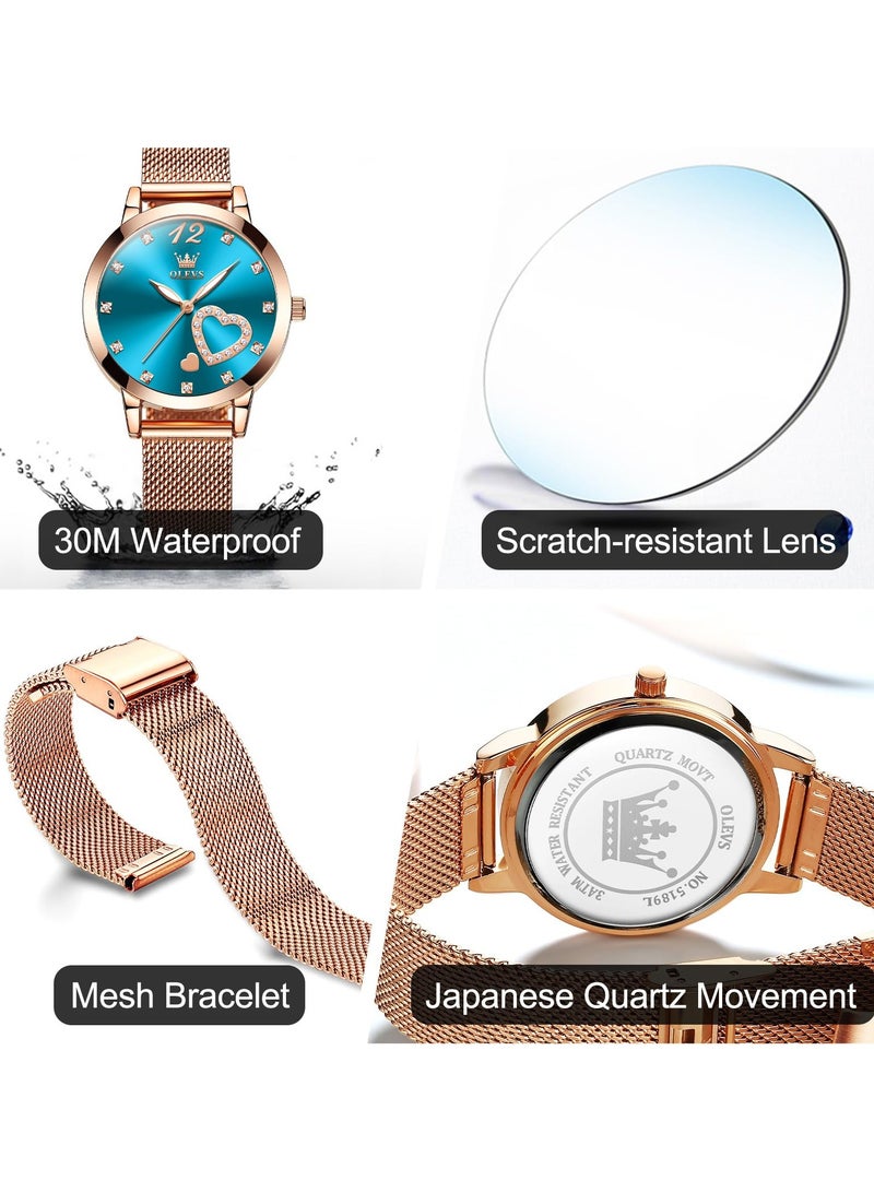 OLEVS Womens Watch Small Wrist Rose Gold Tone Cute Diamond Heart Arabic Numerals Dial Ladies Watch Fashion Waterproof Mesh Bracelet Analog Dress Watch for Women - Image 5