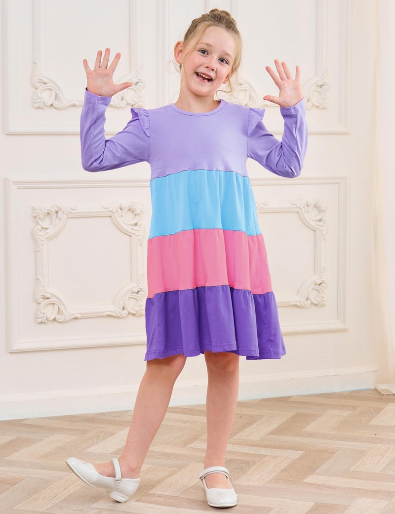 Bumeex Big Kids Tween Girl's Dress Long Sleeve Cotton Casual School Fall Spring Fashion A-Line Swing Twirly Dresses Outfits Clothing Clothes Vestido para NiÃ±a Lilac Block 8-9 Years - Image 2
