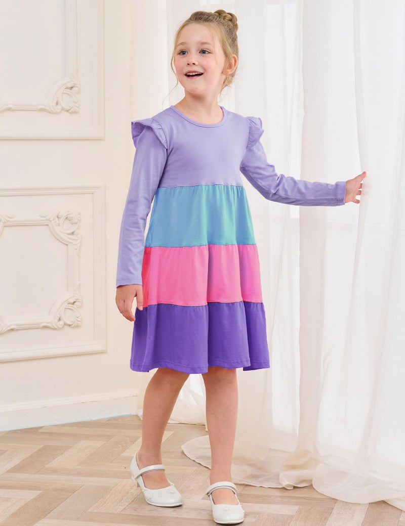 Bumeex Big Kids Tween Girl's Dress Long Sleeve Cotton Casual School Fall Spring Fashion A-Line Swing Twirly Dresses Outfits Clothing Clothes Vestido para NiÃ±a Lilac Block 8-9 Years - Image 4