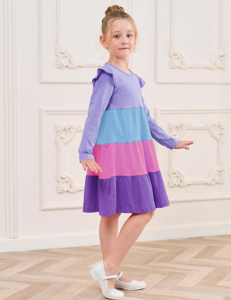 Bumeex Big Kids Tween Girl's Dress Long Sleeve Cotton Casual School Fall Spring Fashion A-Line Swing Twirly Dresses Outfits Clothing Clothes Vestido para NiÃ±a Lilac Block 8-9 Years - Image 3
