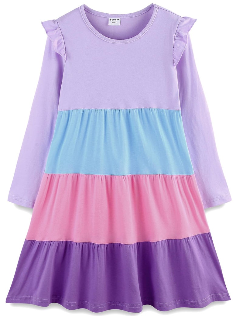 Bumeex Big Kids Tween Girl's Dress Long Sleeve Cotton Casual School Fall Spring Fashion A-Line Swing Twirly Dresses Outfits Clothing Clothes Vestido para NiÃ±a Lilac Block 8-9 Years - Image 1