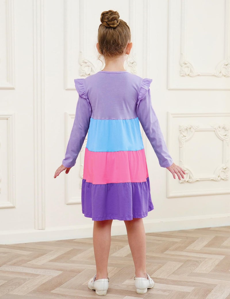 Bumeex Big Kids Tween Girl's Dress Long Sleeve Cotton Casual School Fall Spring Fashion A-Line Swing Twirly Dresses Outfits Clothing Clothes Vestido para NiÃ±a Lilac Block 8-9 Years - Image 5
