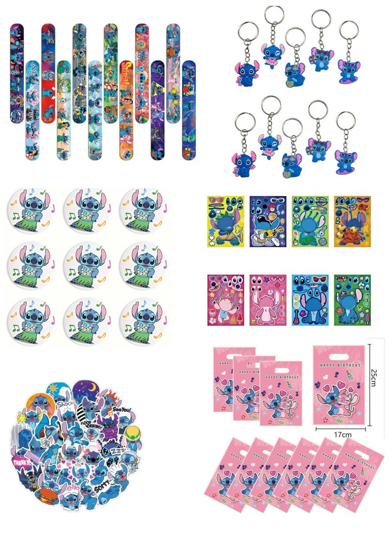 Stitch party gift set with 148 pieces, including puzzle stickers, Pa Pa rings, keychains, badges, stickers, gift bags, and other Stitch birthday party supplies - Image 1
