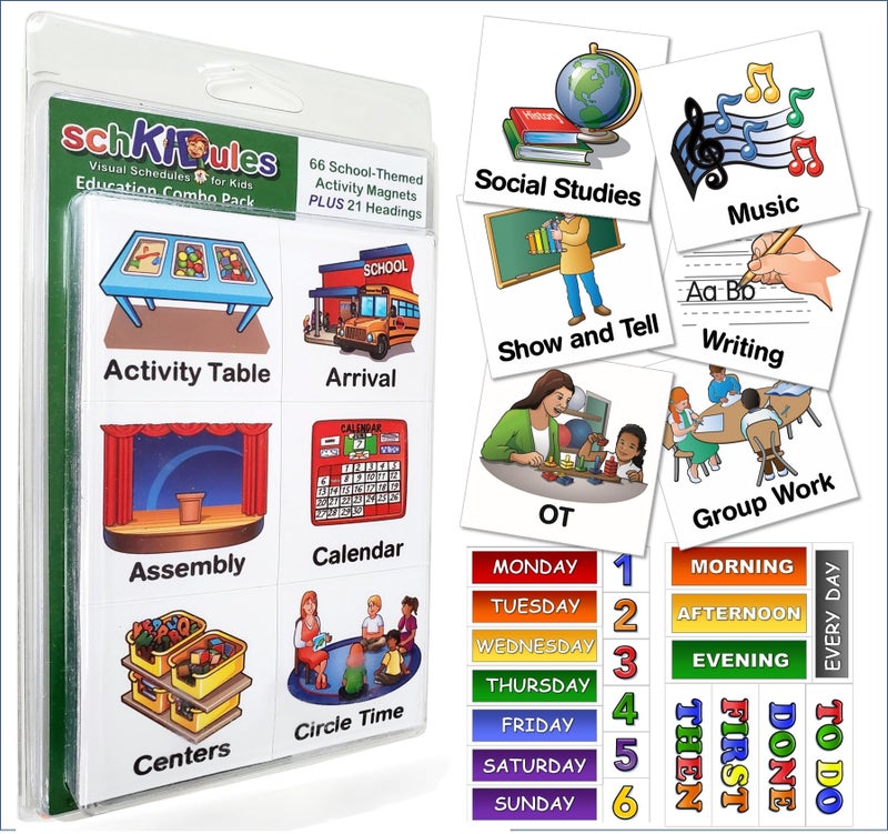 Visual Schedule Magnets 87pc School Collection for Special Education and Preschool Student Support Contains 66 2x2 SchoolThemed Icons 21 Headings Available in English Spanish
