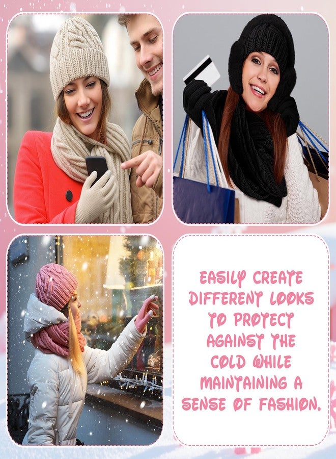 Velmitten 16 Pcs Winter Hat Scarf Gloves Ear Warmer Set 4 in 1 Knitted Hat Scarf Touch Screen Gloves for Women Men Homeless, Black, Beige, Pink, Gray, M - Image 4
