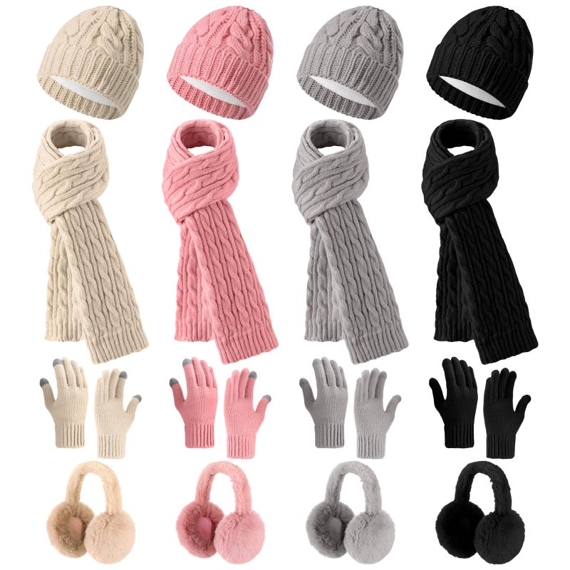 Velmitten 16 Pcs Winter Hat Scarf Gloves Ear Warmer Set 4 in 1 Knitted Hat Scarf Touch Screen Gloves for Women Men Homeless, Black, Beige, Pink, Gray, M - Image 1