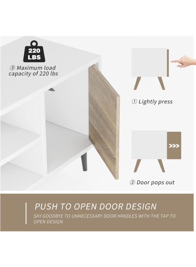 JUMMICO Mid-Century Modern TV Stand – A Stylish Entertainment Hub for 55/65” TVs, with Chic Storage Options and Open Shelves (White & Oak, 65 Inches) - Image 4