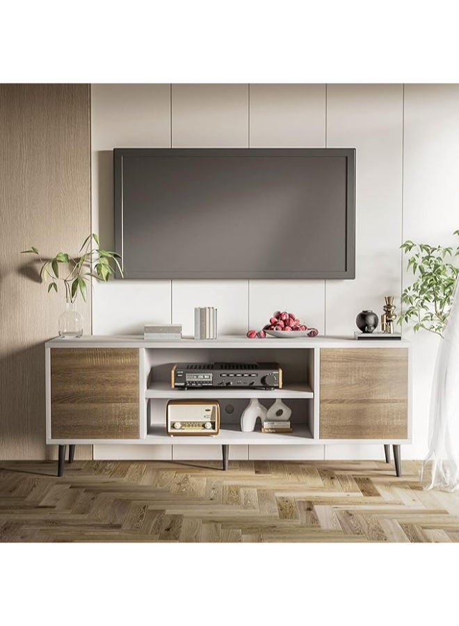 JUMMICO Mid-Century Modern TV Stand – A Stylish Entertainment Hub for 55/65” TVs, with Chic Storage Options and Open Shelves (White & Oak, 65 Inches) - Image 1