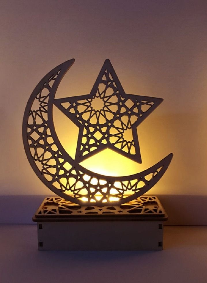 Ramadan Table Lamp 3D Handmade DIY Wooden Moon Star LED Night Light 1 Piece - Image 1