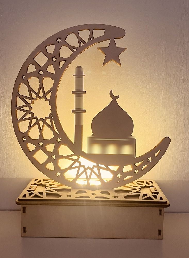 Ramadan Table Lamp 3D Handmade DIY Wooden Moon Star LED Night Light 1 Piece - Image 3