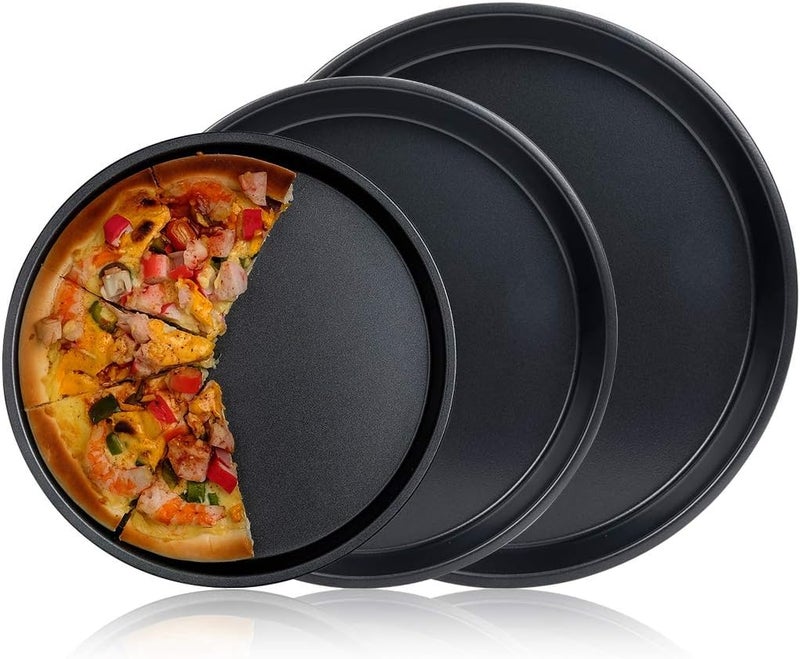 DEVANI IMPEX 3PCS Pizza Baking Pan Black Baking Sheets for Oven Nonstick Round Pizza Tray Bakeware Carbon Steel Sheet Pans for Cooking Multifunction - Image 1