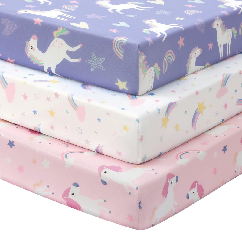 FIEMOL Baby Crib Sheets Girl, 3 Pack Toddler Bed Sheets for 52â€x28â€ Standard Toddler Mattresses, Soft Microfiber Fitted Crib Sheets Pink Purple Rainbow - Image 1