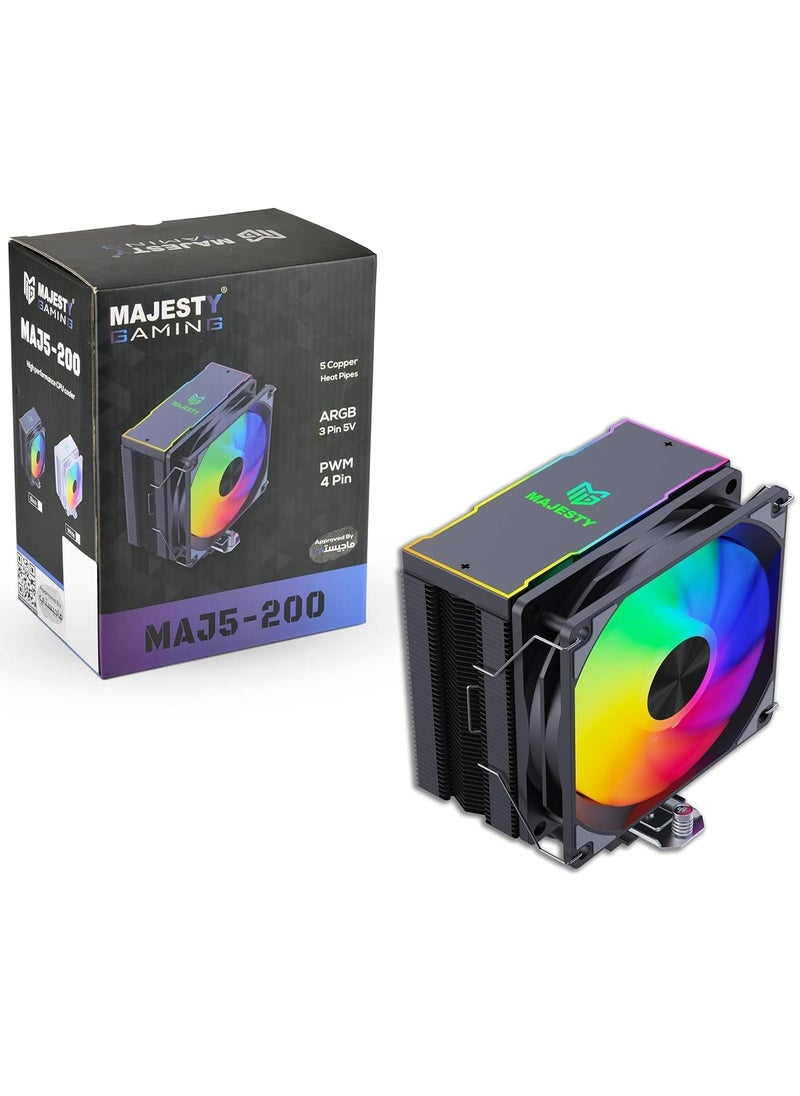 Majesty - Majesty 200 TDP 5 Heat Pipes CPU Air Cooler, 120mm Fan, ARGB Lighting Synchronized with Motherboard, PWM 5V 4-pin CPU Cooler, Compatible with AMD Ryzen and Intel LGA Processors - Image 1