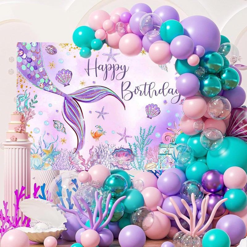 Mocsicka Mermaid Birthday Backdrop 7x5ftGirl Mermaid Birthday Party Decorations Under The Sea Happy Birthday Background Decorations for Girls Starfish Shell Seaweed Photography Background - Image 2