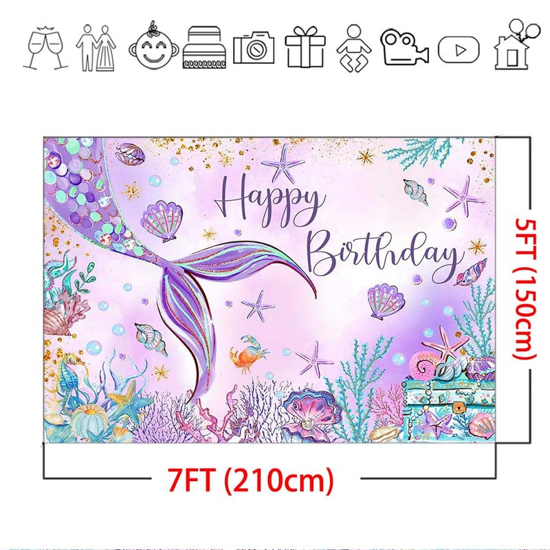 Mocsicka Mermaid Birthday Backdrop 7x5ftGirl Mermaid Birthday Party Decorations Under The Sea Happy Birthday Background Decorations for Girls Starfish Shell Seaweed Photography Background - Image 5