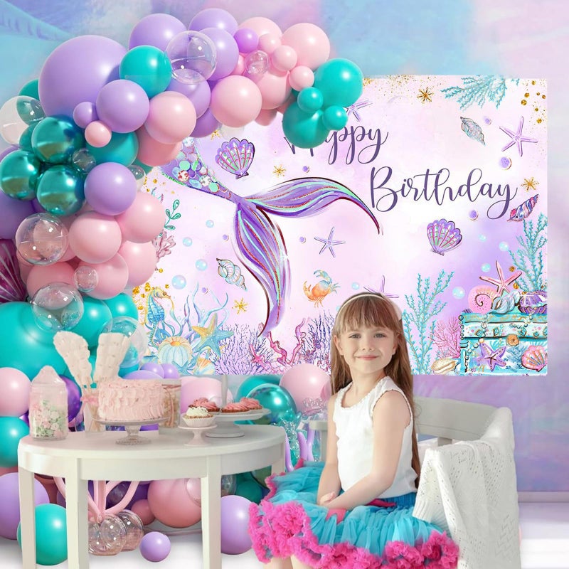 Mocsicka Mermaid Birthday Backdrop 7x5ftGirl Mermaid Birthday Party Decorations Under The Sea Happy Birthday Background Decorations for Girls Starfish Shell Seaweed Photography Background - Image 3