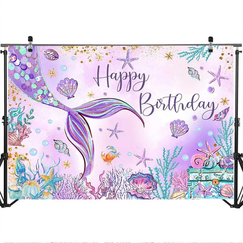 Mocsicka Mermaid Birthday Backdrop 7x5ftGirl Mermaid Birthday Party Decorations Under The Sea Happy Birthday Background Decorations for Girls Starfish Shell Seaweed Photography Background - Image 4