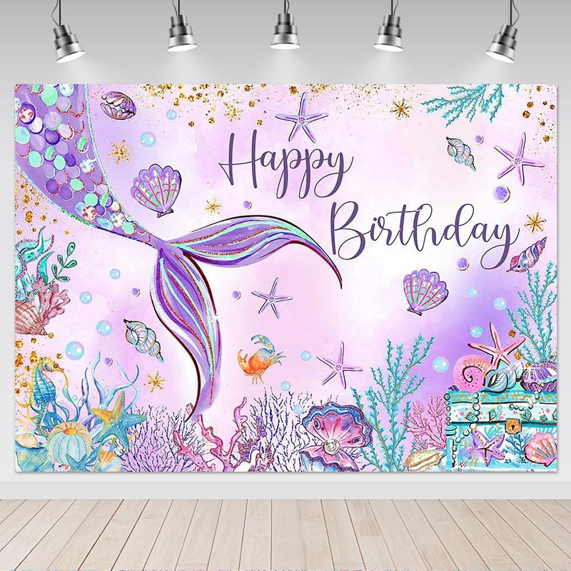 Mocsicka Mermaid Birthday Backdrop 7x5ftGirl Mermaid Birthday Party Decorations Under The Sea Happy Birthday Background Decorations for Girls Starfish Shell Seaweed Photography Background - Image 1