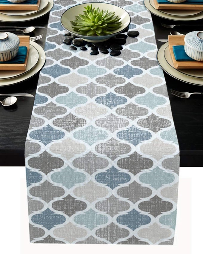 MOROCCAN TABLE RUNNERCOTTON LINENSMALL 36 INCHE GEOMETRIC QUATREFOIL LATTICE DRESSER SCARVESKITCHEN COFFEEDINING FARMHOUSE TABLERUNNER FOR HOME LIVING ROOMHOLIDAY DINNER SCARF DCORBLUE GREY