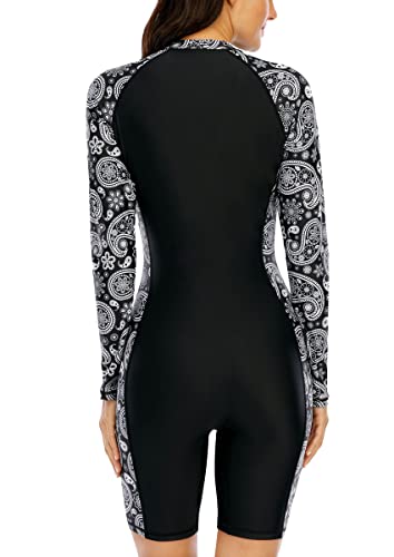 Halcurt Women's Boyleg One Piece Rash Guard with Built in Bra Zip Front UPF50+ Long Sleeve Full Body Surfing Swimsuit Black Paisley S - Image 2