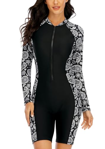 Halcurt Women's Boyleg One Piece Rash Guard with Built in Bra Zip Front UPF50+ Long Sleeve Full Body Surfing Swimsuit Black Paisley S - Image 1
