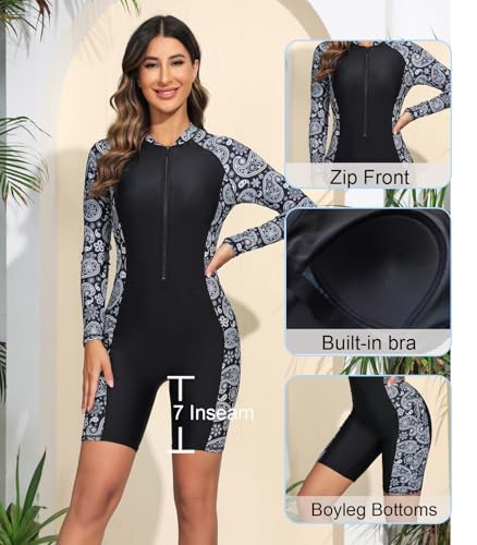 Halcurt Women's Boyleg One Piece Rash Guard with Built in Bra Zip Front UPF50+ Long Sleeve Full Body Surfing Swimsuit Black Paisley S - Image 4