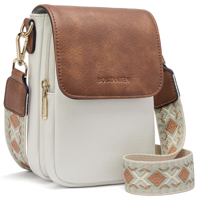 BOSTANTEN Small Crossbody Bags for Women Cell Phone Purse Leather Wallet Handbags with Card Slots Beige with Brown - Image 1