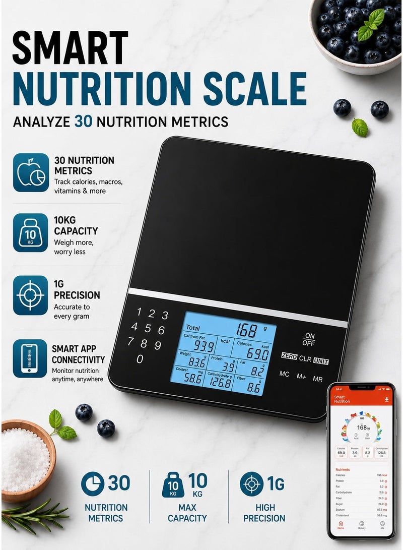 Food Scale with Nutritional Calculator, Kitchen Diet Scale, Digital Food Calorie Counting Scale for Meal Prep, Kitchen, Baking, Weight Loss, Resolution 1g, Max 5kg 11Ib, Tempered Glass（Black） - Image 1