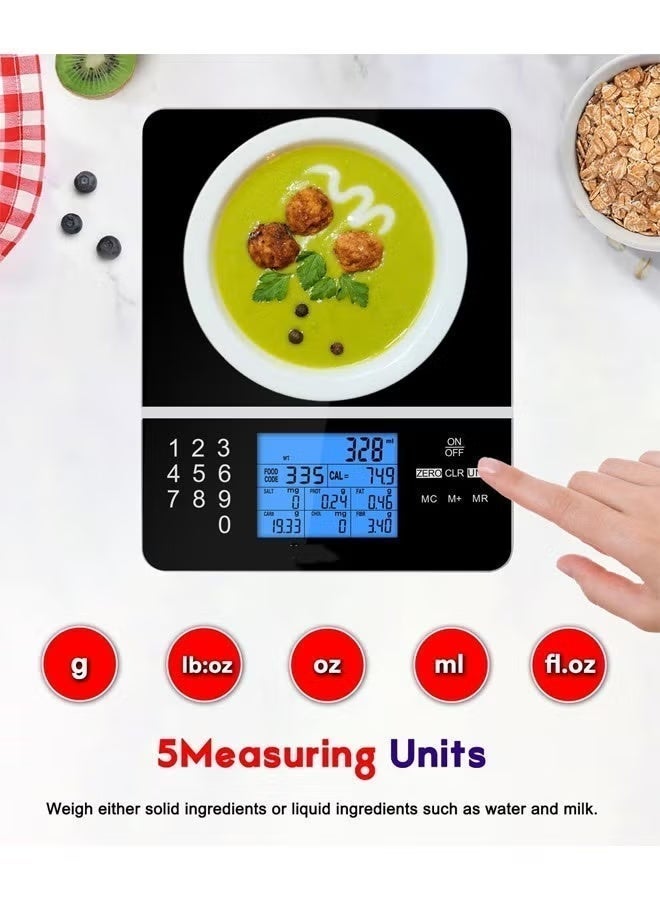 Food Scale with Nutritional Calculator, Kitchen Diet Scale, Digital Food Calorie Counting Scale for Meal Prep, Kitchen, Baking, Weight Loss, Resolution 1g, Max 5kg 11Ib, Tempered Glass（Black） - Image 5