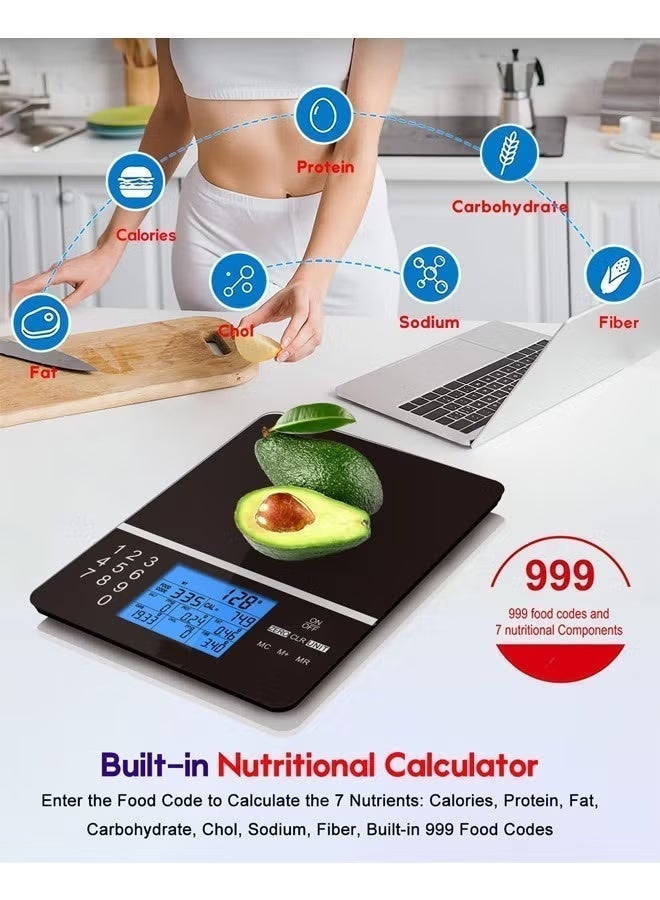 Food Scale with Nutritional Calculator, Kitchen Diet Scale, Digital Food Calorie Counting Scale for Meal Prep, Kitchen, Baking, Weight Loss, Resolution 1g, Max 5kg 11Ib, Tempered Glass（Black） - Image 2