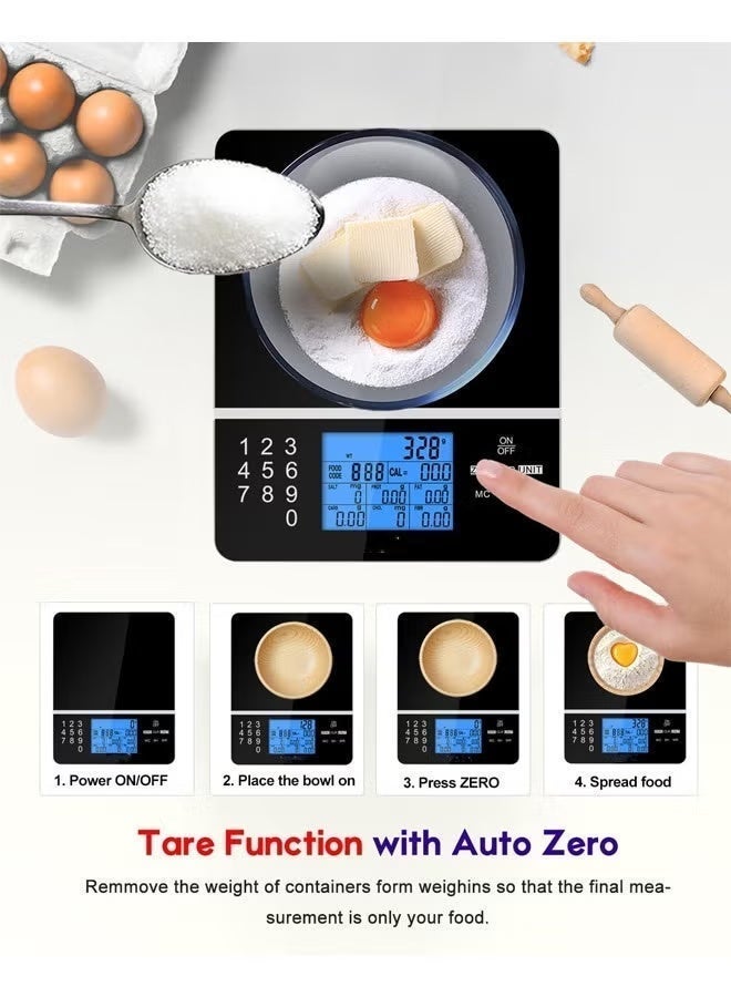 Food Scale with Nutritional Calculator, Kitchen Diet Scale, Digital Food Calorie Counting Scale for Meal Prep, Kitchen, Baking, Weight Loss, Resolution 1g, Max 5kg 11Ib, Tempered Glass（Black） - Image 3