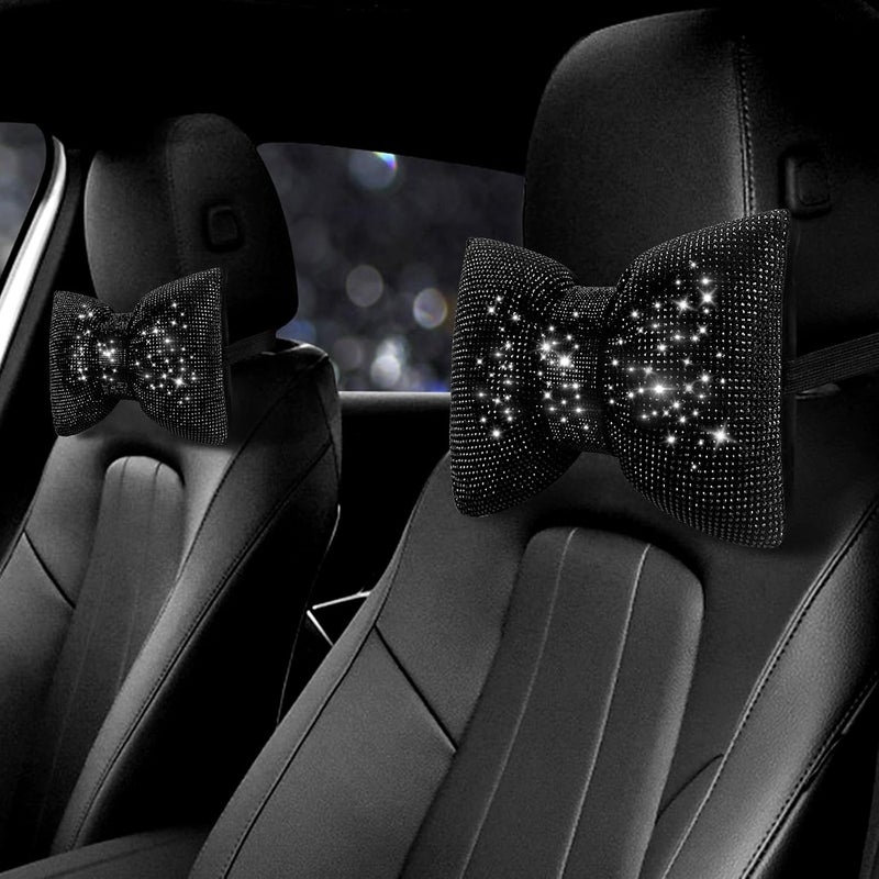 surpassme 2PCS Rhinestone Car Headrest Neck Pillow with Bling Bling Crystal Bow for Women - Image 1