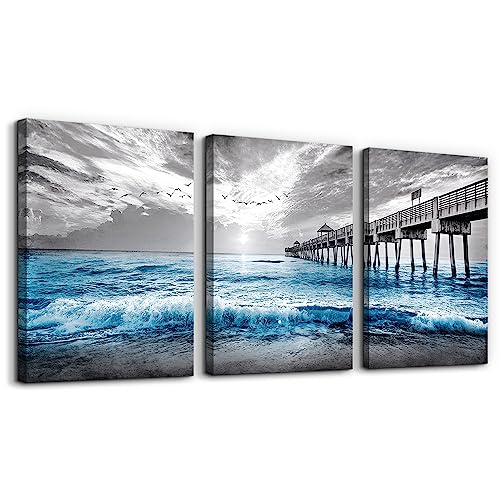 DZRWUBHS Wall Decorations For Living Room 3 Piece Framed Canvas Wall Art Black And White Wall Painting Blue Ocean Sea Wave Pictures - Image 1