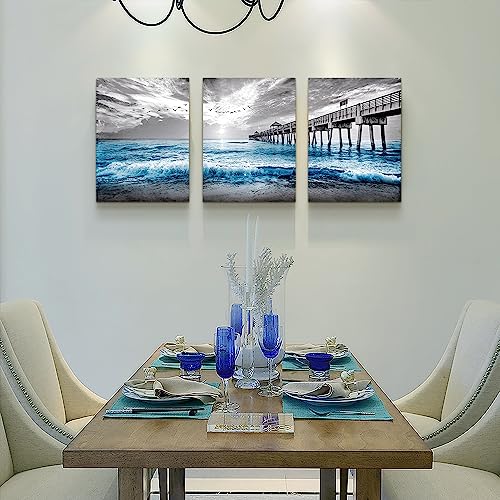 DZRWUBHS Wall Decorations For Living Room 3 Piece Framed Canvas Wall Art Black And White Wall Painting Blue Ocean Sea Wave Pictures - Image 5