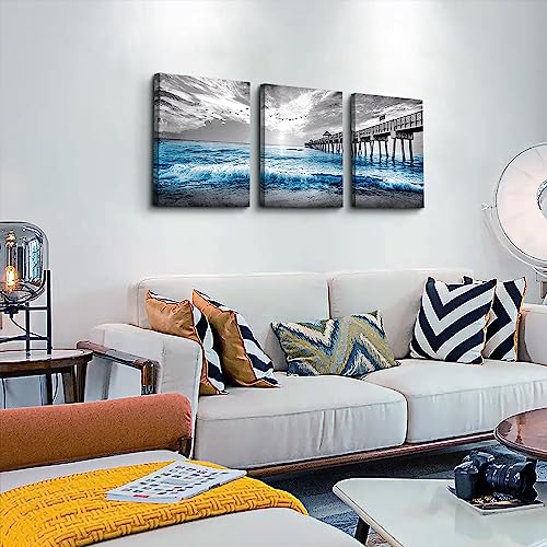 DZRWUBHS Wall Decorations For Living Room 3 Piece Framed Canvas Wall Art Black And White Wall Painting Blue Ocean Sea Wave Pictures - Image 2