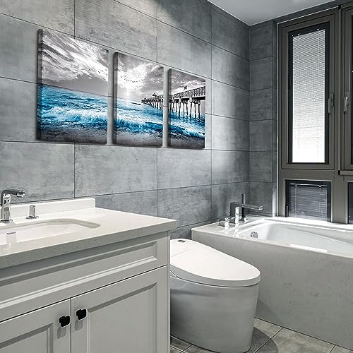 DZRWUBHS Wall Decorations For Living Room 3 Piece Framed Canvas Wall Art Black And White Wall Painting Blue Ocean Sea Wave Pictures - Image 4