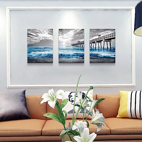 DZRWUBHS Wall Decorations For Living Room 3 Piece Framed Canvas Wall Art Black And White Wall Painting Blue Ocean Sea Wave Pictures - Image 3
