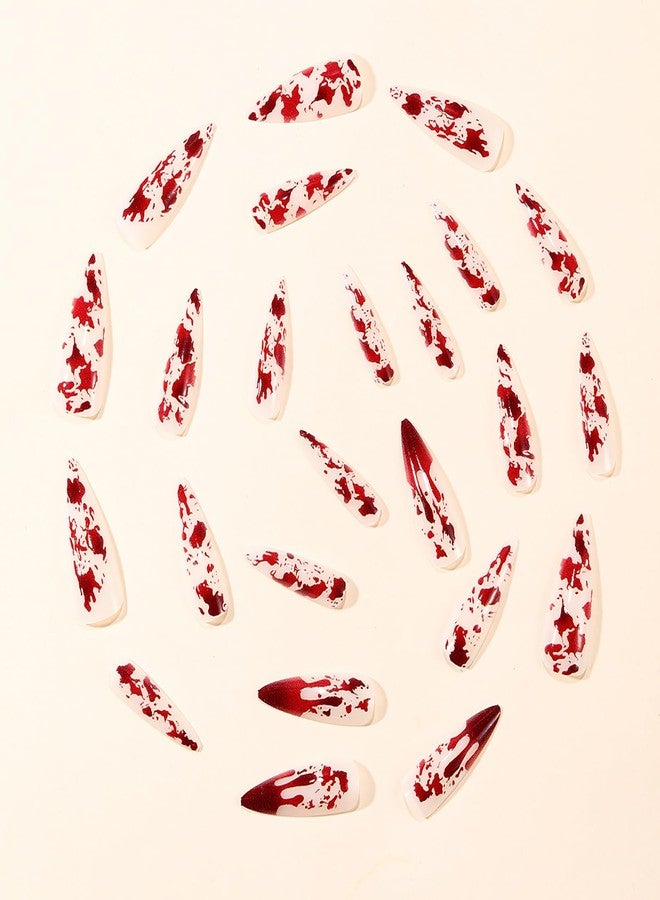 GRITOSE 24Pcs Halloween Press on Nails Long Stiletto Fake Nails Scary Halloween False Nails with Red Blood Design Glossy Full Cover Halloween Nails Press ons Reusable Stick on Nail for Women Manicure Decor - Image 2