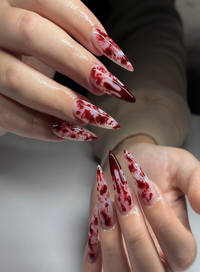 GRITOSE 24Pcs Halloween Press on Nails Long Stiletto Fake Nails Scary Halloween False Nails with Red Blood Design Glossy Full Cover Halloween Nails Press ons Reusable Stick on Nail for Women Manicure Decor - Image 1