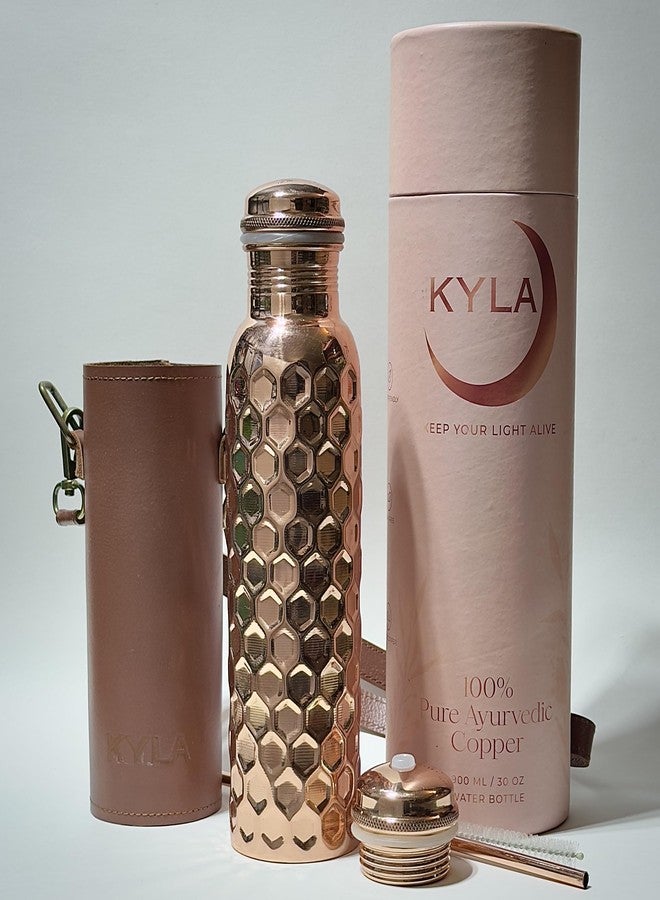 KYLA 100% Pure Copper Water Bottle for Drinking – Large 30 Oz Wide Mouth, Honeycomb Ayurvedic Copper Water Bottle with Straw – Handcrafted Leak-Proof Vessel, Reusable & BPA-Free - Image 1