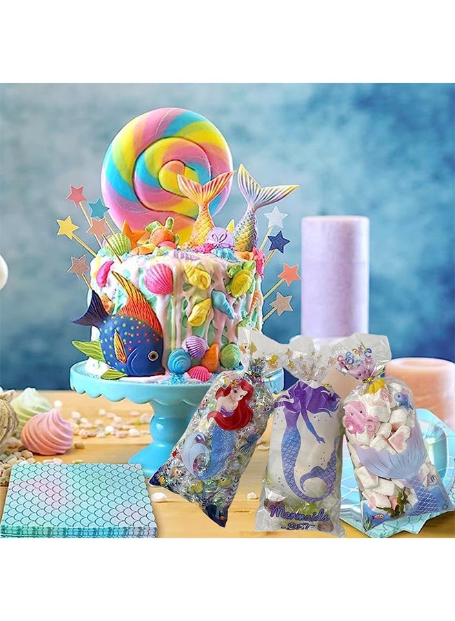 جيفت 50 قطعة من أكياس السيلوفان للحلوى، وأكياس هدايا حورية البحر، وأكياس السيلوفان الشفافة، وأكياس حلوى الكوكيز مع أربطة لولبية لحفلات أعياد الميلاد وحفلات استقبال المولود (5 × 11 بوصة) (حورية البحر). - Image 2