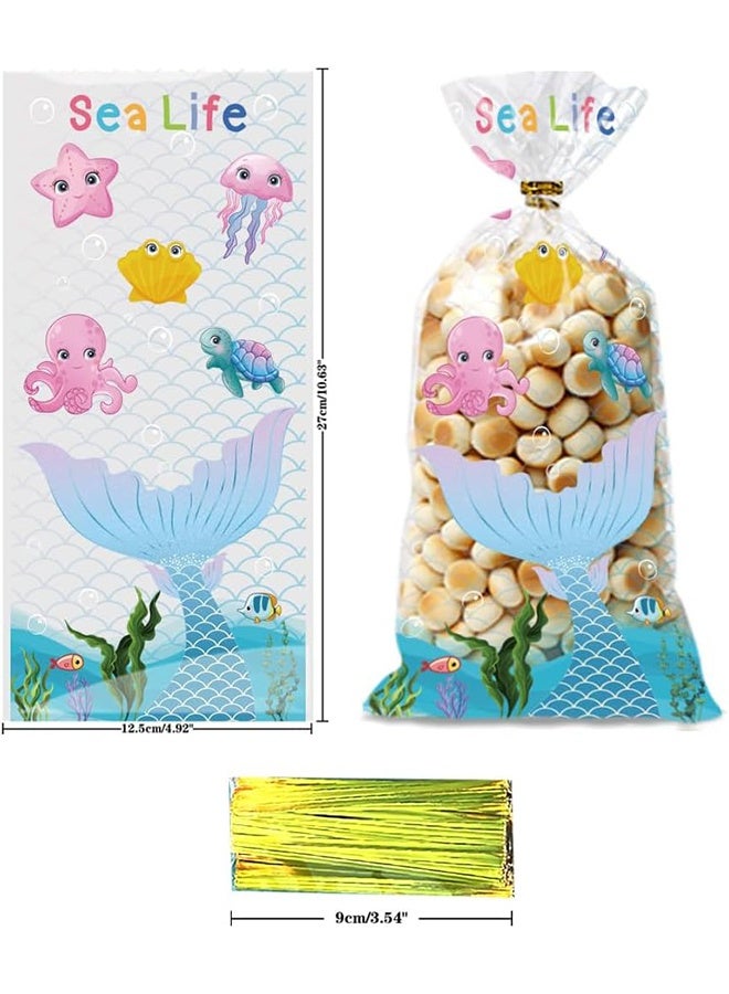 جيفت 50 قطعة من أكياس السيلوفان للحلوى، وأكياس هدايا حورية البحر، وأكياس السيلوفان الشفافة، وأكياس حلوى الكوكيز مع أربطة لولبية لحفلات أعياد الميلاد وحفلات استقبال المولود (5 × 11 بوصة) (حورية البحر). - Image 4