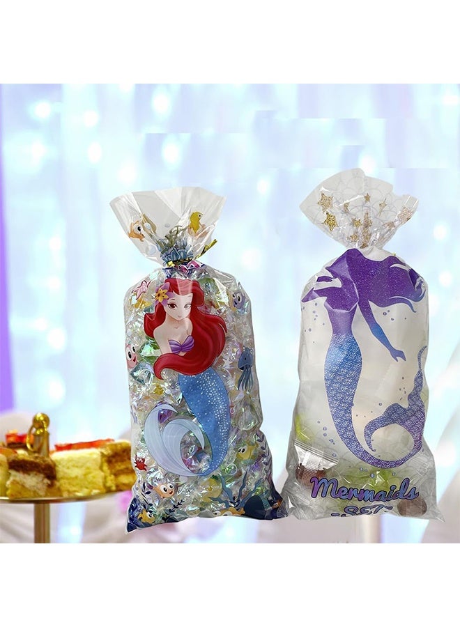 جيفت 50 قطعة من أكياس السيلوفان للحلوى، وأكياس هدايا حورية البحر، وأكياس السيلوفان الشفافة، وأكياس حلوى الكوكيز مع أربطة لولبية لحفلات أعياد الميلاد وحفلات استقبال المولود (5 × 11 بوصة) (حورية البحر). - Image 5